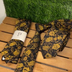 Gravata Floral Valentin Dourada e Preta